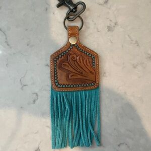Brown and Teal Leather Fringe Keychain